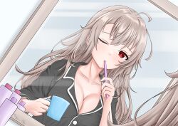 1girl absurdres black_pajamas black_shirt breasts brushing_teeth cleavage closed_mouth collarbone collared_shirt commentary cup dutch_angle english_commentary eydis_(sao) hands_up highres holding holding_cup holding_toothbrush large_breasts long_hair messy_hair mixed-language_commentary one_eye_closed pajamas partially_unbuttoned phanuchan portrait red_eyes reflection shirt sidelocks sleeves_rolled_up solo sword_art_online sword_art_online:_alicization sword_art_online:_unleashed_blading toothbrush variant_set