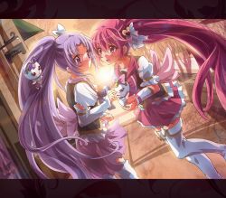 10s 2girls aino_megumi blush boots bow cure_fortune cure_lovely gurasan_(happinesscharge_precure!) hair_ornament happinesscharge_precure! heart heart_hair_ornament highres hikawa_iona inoshishi_(ikatomo) letterboxed long_hair magical_girl multiple_girls pink_bow pink_eyes pink_hair pink_skirt ponytail precure purple_eyes purple_hair purple_skirt ribbon_(happinesscharge_precure!) skirt thigh_boots thighhighs very_long_hair white_legwear wide_ponytail