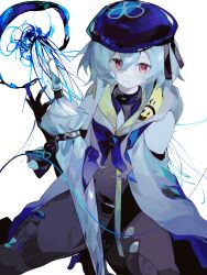 1boy animal arknights bare_shoulders beret black_gloves blue_hair blue_hat chinese_commentary closed_mouth commentary_request elbow_gloves gloves hair_between_eyes hand_up hat highres infection_monitor_(arknights) jellyfish light_smile long_hair male_focus mizuki_(arknights) qichachunyu red_eyes simple_background solo umbrella white_background