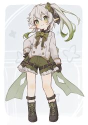 1girl absurdres black_boots black_gloves boots closed_mouth cross-shaped_pupils full_body genshin_impact gloves gradient_hair green_eyes green_hair hair_between_eyes hair_ornament head_tilt highres jewelry komerina long_sleeves looking_at_viewer multicolored_hair nahida_(genshin_impact) pointy_ears side_ponytail sidelocks smile solo stan symbol-shaped_pupils white_hair