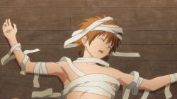 10s 1boy 1girl animated animated_gif bandages bandaid bandaid_on_face blonde_hair blush brown_hair censored convenient_censoring convenient_head eye_reflection full-face_blush hair_ornament hat konjiki_no_yami long_hair looking_at_penis lying mosaic_censoring naked_bandage navel nurse_cap on_back on_floor penis penis_awe pink_hat red_eyes reflection screencap short_hair surprised sweat to_love-ru to_love-ru_darkness_2nd two_side_up yuuki_rito