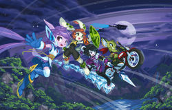 4girls abstract_background absurdres action animal_ears armor barefoot bodysuit boots bracelet carol_tea cat_ears cat_tail crop_top dog_ears dragon_girl dragon_horns eyelashes freedom_planet frown furry galaxytrail gloves green_eyes headgear highres horns ice japanese_clothes jewelry kimono lake long_ears long_hair looking_at_viewer looking_away milla_basset moon motor_vehicle motorcycle mountain multiple_girls neera_li official_art open_mouth orange_hair panda_ears pink_eyes purple_eyes purple_hair sash_lilac scarf shield short_hair shorts shoulder_armor sky smile staff tail thigh_boots thighhighs twintails tyson_tan unitard very_long_hair water