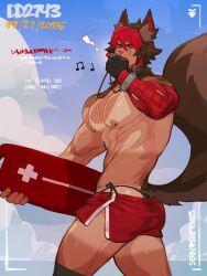 Rule 34 | 1boy, abs, animal ears, artist name, ass, bara, black gloves, black male swimwear, blue sky, cloud, commentary, dated, dog boy, dog ears, dog tail, english commentary, gloves, highres, holding, holding whistle, komano manato, lifeguard, male focus, male swimwear, multicolored hair, muscular, muscular male, musical note, nipples, pectorals, red shorts, scar, scar across eye, scar on chest, scar on face, seansketches, shorts, sky, tail, tan, tanline, topless male, whistle, whistle around neck, zenless zone zero