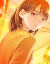 1girl anegasaki_nene back blush brown_eyes brown_hair cloud cloudy_sky dutch_angle evening from_behind furrowed_brow half-closed_eyes highres looking_at_viewer looking_back love_plus medium_hair mole mole_under_eye official_art orange_sky outdoors parted_lips power_lines sad shirt sky solo twilight upper_body utility_pole yellow_shirt
