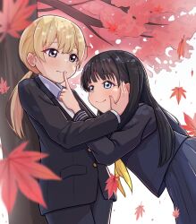 2girls absurdres akebi-chan_no_serafuku akebi_komichi autumn autumn_leaves black_hair black_jacket black_pants black_serafuku blazer blonde_hair bow highres jacket kakikakuka kizaki_erika leaf long_hair low_ponytail multiple_girls pants ponytail roubai_academy_school_uniform_(old) school_uniform serafuku shirt smile tree upper_body white_background white_shirt winter_uniform yellow_bow yuri