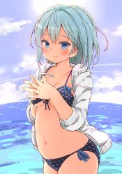 Rule 34 | 1girl, absurdres, bikini, black bikini, blue eyes, blue hair, blue sky, blush, closed mouth, cloud, collarbone, commentary request, day, drawstring, front-tie bikini top, front-tie top, grey jacket, hair between eyes, highres, horizon, interlocked fingers, jacket, long hair, long sleeves, looking at viewer, navel, ocean, open clothes, open jacket, original, outdoors, print bikini, side-tie bikini bottom, sky, smile, solo, star (symbol), star print, swimsuit, umekko