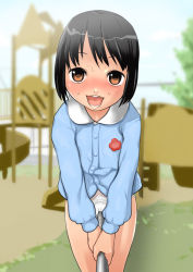 1girl blush breasts cameltoe flat_chest frottage horizontal_bar j7w kindergarten_uniform loli looking_at_viewer open_mouth outdoors panties playground rubbing_crotch school_uniform sexually_suggestive short_hair skirt unworn_skirt small_breasts smile sweat tagme text_focus underwear