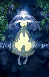 1girl absurdres alternate_costume barefoot collarbone commentary_request dress elf expressionless floating frieren from_above full_body grass green_eyes grey_hair hair_spread_out highres in_water long_dress long_hair looking_at_viewer looking_up nature no_earrings outdoors outstretched_arms parted_lips plant pointy_ears sidelocks sleeveless sleeveless_dress solo sousou_no_frieren spread_arms stream user_xjfw5848 yellow_dress