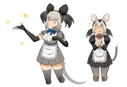 2girls ^_^ apron black_dress black_gloves black_hair blue_bow blue_bowtie blush bow bowtie clapping closed_eyes collared_dress commentary_request dress elbow_gloves closed_eyes fingerless_gloves frilled_apron frilled_sleeves frills gloves grey_dress grey_hair grey_legwear hatch_(hatch_box) juliet_sleeves kemono_friends long_sleeves maid multicolored_hair multiple_girls open_mouth pantyhose possum_ears possum_girl possum_tail puffy_short_sleeves puffy_sleeves scaly-tailed_possum_(kemono_friends) short_hair short_sleeves smile smug thighhighs twintails two-tone_dress two-tone_hair white-eared_opossum_(kemono_friends) white_apron white_dress zettai_ryouiki