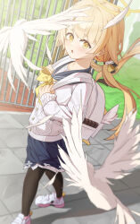 1girl absurdres backpack bag bird black_pantyhose blonde_hair blue_archive blue_skirt blue_sky blush bow bowtie capry cardigan commentary from_above from_side hifumi_(blue_archive) highres long_hair long_sleeves looking_at_viewer low_twintails open_mouth outdoors pantyhose pleated_skirt shoes sidelocks skirt sky solo standing twintails white_bag white_cardigan white_shoes yellow_bow yellow_bowtie yellow_eyes
