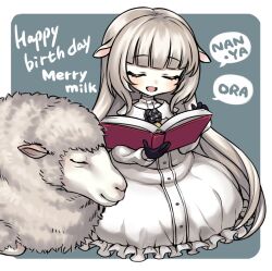 .live 1girl animal_ears black_gloves blunt_bangs book character_name commentary dress gloves happy_birthday hashtag-only_commentary holding holding_book long_dress long_hair merry_milk sheep sheep_ears sheep_girl sitting tanaka_gorbachev very_long_hair virtual_youtuber white_dress