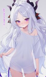 1girl ahoge blue_archive blush bottomless closed_mouth collarbone commentary covered_navel cowboy_shot demon_horns embarrassed flat_chest flying_sweatdrops forehead hair_intakes highres hina_(blue_archive) horns karaage_(xxxmido02) long_hair looking_at_viewer oversized_clothes oversized_shirt purple_eyes see-through_clothes see-through_shirt see-through_silhouette shirt short_hair single_bare_shoulder single_off_shoulder slit_pupils solo translated very_long_hair white_hair white_shirt