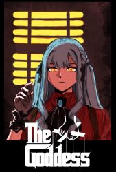 1girl ascot bang_dream! bang_dream!_it&#039;s_mygo!!!!! black_ascot black_gloves black_ribbon blue_brooch blue_hair collared_shirt english_text gloves hair_ribbon hand_up long_hair looking_at_viewer movie_poster oblivionis_(bang_dream!) pankoryo red_shirt ribbon shirt solo the_godfather togawa_sakiko two_side_up upper_body