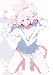 1girl absurdres akira_(blue_archive) amebrew animal_ear_fluff animal_ears barefoot blue_archive cat_ears cat_girl cat_tail hair_between_eyes highres jacket kneeling long_hair no_bra no_pants paw_pose pink_hair red_hair sidelocks solo tail white_jacket zoom_layer