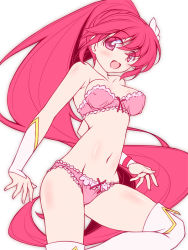 1girl :d aino_megumi boots bow bow_bra bow_panties bra breasts cowboy_shot crotch_seam cure_lovely female_focus frilled_bra frilled_panties frills hair_ornament happinesscharge_precure! kikuchi_tsutomu leg_up long_hair looking_at_viewer magical_girl medium_breasts navel open_mouth panties pink_hair pink_panties pink_skirt ponytail precure red_eyes red_hair simple_background skirt smile solo standing standing_on_one_leg strapless strapless_bra thigh_boots thighhighs underwear underwear_only white_background white_boots wide_ponytail wristband
