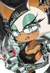 0ni91ri 1girl animal_ears animal_print bandana bat_ears bat_girl black_bandana black_camisole breasts camisole chain chain_necklace cigarette cigarette_pack cleavage cross dog_tags furry furry_female glasses highres hip_tattoo jewelry liquid_metal long_eyelashes looking_at_viewer marlboro mechanical_arms mechanical_wings necklace parted_lips print_shirt rouge_the_bat shirt smoking solo sonic_(series) spaghetti_strap white_fur wings