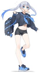 1girl absurdres bike_shorts black_serafuku blue_eyes blue_hair blue_shoes commentary_request food full_body gradient_hair grey_hair highres kopaka_(karda_nui) looking_at_viewer midriff mouth_hold multicolored_hair navel no_socks original school_uniform serafuku shoes simple_background sneakers solo standing standing_on_one_leg stomach thighs twintails white_background