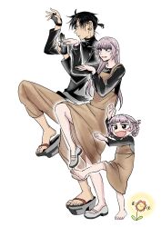 1boy 2girls absurdres apron black_nails blue_eyes braid braided_hair_rings dress family father_and_daughter hair_rings highres husband_and_wife mother_and_daughter multiple_girls nanakusa_nazuna_(yofukashi_no_uta) okobo open_mouth parody platform_sandals reiquant ringed_eyes sandals short_hair simple_background smile turtleneck yamori_kou yofukashi_no_uta yotsubato! yotsubato!_pose