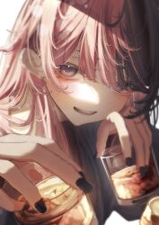 Rule 34 | 1girl, absurdres, alcohol, black hair, black nails, blush, cup, drinking glass, fang, glass, hair over one eye, highres, holding, holding cup, iris black games, long hair, looking at viewer, messy hair, minto (minto rururu), multicolored hair, open mouth, parted bangs, pink hair, purple eyes, shot glass, solo, split-color hair, tachibana hinano, two-tone hair, virtual youtuber, vspo!, white background