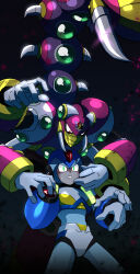 2boys android arm_cannon armor biometal blue_armor blue_helmet bug centipede chest_jewel clenched_teeth cowboy_shot dark_background extra_arms forehead_jewel gem glowing_armor gradient_background green_eyes green_gemstone hands_on_another&#039;s_arm hands_on_another&#039;s_face helmet highres hiyoko_ai jewelry joints looking_at_another magna_centipede_(mega_man) mask mega_man_(series) mega_man_x2 mega_man_x_(series) mouth_mask multiple_boys non-humanoid_robot pink_arm_warmers red_eyes robot robot_animal robot_ears scared second_armor_x_(mega_man) sigma_symbol spines standing tail teeth weapon x_(mega_man)