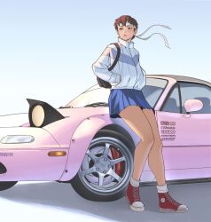 Rule 34 | 1girl, absurdres, backpack, bag, blue skirt, brown hair, car, erzomori, eunos roadster, headband, highres, jacket, kasugano sakura, mazda, mazda mx-5, mazda mx-5 na, motor vehicle, pleated skirt, shoes, short hair, skirt, sneakers, solo, street fighter, thick thighs, thighs, white jacket