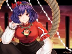 1girl artist_name autumn_leaves black_skirt blouse breasts cloud commentary_request dated hair_ornament head_rest highres layered_sleeves leaf leaf_hair_ornament long_sleeves looking_at_viewer mirror mitama_mudimudi onbashira purple_hair red_eyes red_shirt red_sky rope shide shimenawa shirt short_hair short_over_long_sleeves short_sleeves skirt sky smile solo touhou yasaka_kanako