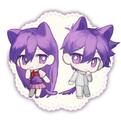 1boy 1girl :3 absurdly_long_hair animal_ear_fluff animal_ears antenna_hair arm_at_side back-to-back barefoot bright_pupils cat_ears cat_girl cat_tail chibi chibi_only closed_mouth collared_shirt colored_skin commentary dog_boy dog_ears double-parted_bangs eyes_visible_through_hair full_body hair_behind_ear hair_between_eyes hand_on_own_chin hand_up hero_(headspace)_(omori) hero_(omori) highres long_hair long_sleeves looking_at_another mari_(headspace)_(omori) mari_(omori) neckerchief omori pants pinstripe_pants pinstripe_pattern pinstripe_shirt purple_eyes purple_hair purple_shoes purple_sweater_vest purple_tail red_neckerchief shirt shoes short_hair short_sleeves sideways_glance simple_background smile standing sweater_vest symbol-only_commentary tail very_long_hair very_short_hair white_background white_pants white_pupils white_shirt white_skin xinjinjumin502308030453