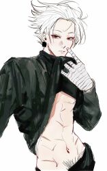 bandaged_hand bandages black_pants black_sleeves closed_mouth clothes_lift earrings gaku_(sakamoto_days) hair_slicked_back highres jewelry looking_at_viewer navel pants parted_bangs peiyujie1 red_eyes sakamoto_days simple_background sparse_navel_hair toned toned_male white_background white_hair