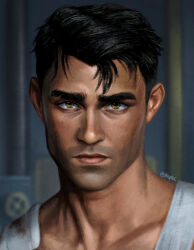 1boy absurdres arcane:_league_of_legends arcane_jayce bandages black_hair blood bloody_bandages brown_eyes closed_mouth collarbone gauze_on_shoulder highres jayce_(league_of_legends) league_of_legends looking_at_viewer male_focus portrait realistic short_hair shuploc solo straight-on thick_eyebrows tumblr_username