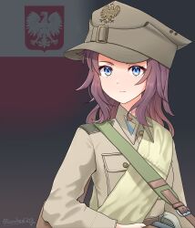 Rule 34 | 1girl, absurdres, ammunition pouch, artist name, belt, blue eyes, breast pocket, brown belt, brown hair, brown hat, brown jacket, closed mouth, collar tabs, commentary, flag background, frown, gun, gun sling, hat, hat ornament, highres, holding, holding gun, holding weapon, jacket, leochan1202, long hair, military, military uniform, original, pocket, polish army, polish flag, pouch, ppsh-41, shoulder boards, solo, submachine gun, upper body, weapon, world war ii