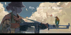 1girl ammunition_belt animal beak_hold bipod bird black_gloves blue_eyes blue_sky boonie_hat brown_hair brown_hat camouflage camouflage_jacket chin_strap cloud cloudy_sky english_text flower fringe_trim from_side gloves gun gun_sling hair_bun hat highres holding holding_gun holding_weapon jacket letterboxed light_machine_gun looking_ahead machine_gun military military_hat military_jacket military_uniform mouth_hold orange_shawl original red_flower rhodesia rpd shawl shovei_industry single_hair_bun sky three-quarter_sleeves soldier solo song_name trigger_discipline weapon
