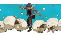 1boy black_footwear black_pants black_shirt black_skin blue_jacket colored_skin commentary_request creatures_(company) dark-skinned_male dark_skin flying_sweatdrops fur-trimmed_collar fur-trimmed_jacket fur-trimmed_sleeves fur_trim game_freak gen_8_pokemon highres hop_(pokemon) horns jacket korean_commentary long_sleeves male_focus nervous nintendo open_mouth pants pokemon pokemon_swsh purple_hair sheep sheep_horns shirt short_hair solo standing standing_on_one_leg sweat sweatdrop switssin white_fur wool wooloo yellow_eyes