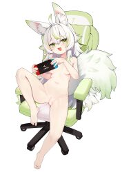 1girl :d absurdres animal_ears breasts chair cleft_of_venus completely_nude fang full_body gaming_chair green_eyes grey_hair handheld_game_console highres holding holding_handheld_game_console long_hair looking_at_viewer medium_breasts multicolored_hair navel negiwolf nintendo_switch nude open_mouth original pussy raised_inner_eyebrows simple_background sitting skin_fang smile smug streaked_hair swivel_chair tail uncensored white_background white_hair wolf_ears wolf_girl wolf_tail xiang_bo_bo
