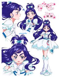 1girl ? arm_warmers blue_eyes blue_hair boots bow bowtie brooch capelet circle_skirt cure_white dress earrings futari_wa_precure hair_bow heart heart_brooch heart_earrings highres jewelry leg_warmers long_hair looking_at_viewer magical_girl mascot mipple multiple_views ponytail precure shirako_love simple_background sleeveless sleeveless_dress standing white_background white_boots white_bow white_bowtie white_capelet white_dress yukishiro_honoka