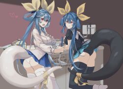 2girls alternate_color ass black_panties black_thighhighs blue_hair blush bottle box breasts butt_crack candy cooking cup dizzy_(guilty_gear) dual_persona food frilled_shirt frills gloves guilty_gear guilty_gear_xrd hair_between_eyes hair_ribbon hair_rings heart highres indoors kitchen ladle large_breasts long_sleeves monster_girl multiple_girls oeillet_vie open_mouth panties plate pot red_eyes ribbon shirt short_sleeves sidelocks tail tail_ornament tail_ribbon thick_thighs thighhighs thighs tongue tongue_out twintails twitter_username underwear wedgie white_gloves white_panties white_thighhighs yellow_ribbon