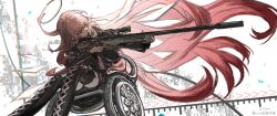 1girl absurdres ai_arctic_warfare arknights black_boots black_dress black_jacket bolt_action boots detached_wings dress energy_wings floating_hair gun hair_spread_out halo highres holding holding_weapon jacket lace-up_boots lemuen_(arknights) long_hair pink_eyes pink_hair rifle sniper_rifle solo thigh_boots traditional_halo very_long_hair weapon wheelchair white_halo wings yemaoxuan2