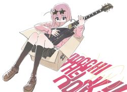 Rule 34 | 1girl, @ @, black skirt, black socks, bocchi the rock!, box, brown shoes, cardboard box, chinese commentary, commentary request, copyright name, covered mouth, cube hair ornament, electric guitar, eyewear on head, flustered, frown, gibson les paul, gotoh hitori, guitar, hair ornament, holding, holding guitar, holding instrument, in box, in container, instrument, jacket, kneehighs, loafers, long hair, long sleeves, miniskirt, modare, music, one side up, panicking, pink hair, pink jacket, playing guitar, playing instrument, pleated skirt, popped collar, reclining, shoes, side ahoge, signature, simple background, skirt, socks, solo, star-shaped eyewear, star (symbol), sunglasses, text background, track jacket, two-handed, white background, zipper, zipper pull tab