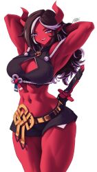 &gt;:p 1girl abs absurdres arms_behind_head arms_up belt black_shorts breasts brown_hair colored_skin commission demon_girl demon_horns earrings highres horns jewelry large_breasts long_hair looking_at_viewer multicolored_hair muscular muscular_female navel original pointy_ears purple_eyes red_skin sheath sheathed short_shorts shorts signature solo standing streaked_hair sword teeth two-tone_hair upper_teeth_only weapon white_background white_hair zhvo