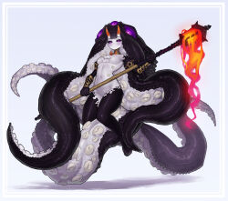 Rule 34 | 1girl, absurdres, black sclera, blush, breasts, cephalopod eyes, colored sclera, ekrea jan, extra eyes, fire, highres, horns, lamp, looking at viewer, monster girl, navel, no nipples, no pussy, original, pale skin, purple eyes, small breasts, solo, staff, suction cups, tentacle hair, tentacles, white background