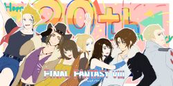 blonde_hair breasts brown_hair dress final_fantasy final_fantasy_viii flipped_hair green_eyes hat highres irvine_kinneas jewelry long_hair looking_at_viewer medium_breasts multiple_boys multiple_girls necklace nini_tw99 open_mouth quistis_trepe rinoa_heartilly seifer_almasy selphie_tilmitt short_hair smile squall_leonhart yellow_dress zell_dincht zipper zipper_dress