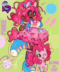 Rule 34 | !, !!, 1girl, ahoge, alternate skin color, animal, animal ears, balloon, blandboyx, blue boots, blue eyes, boots, bow, bracelet, colorful, commentary, creature and personification, cupcake print, curly hair, cutie mark, dark-skinned female, dark skin, derivative work, dual persona, english commentary, fake animal ears, green background, gummy (my little pony), hairband, highres, horse ears, horse tail, jewelry, kotobukiya bishoujo, leg up, logo, long hair, looking at viewer, my little pony, my little pony: equestria girls, my little pony: friendship is magic, personification, pink hair, pink skirt, pinkie pie, pinkie pie (bishoujo), pony (animal), purple bow, shirt, shoes, simple background, skirt, sneakers, solo focus, standing, standing on one leg, tail, tutu, very dark skin, white shirt