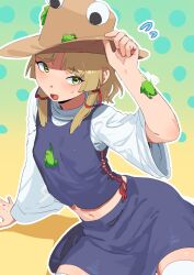 1girl blonde_hair breasts brown_hat flying_sweatdrops frog hair_ribbon hand_on_headwear hand_on_own_hat hat highres horizontal_pupils moriya_suwako navel outline purple_skirt purple_vest pyonta reclining ribbon short_hair simple_background skirt skirt_set small_breasts sobayu_to_tenpura solo sweat thighhighs touhou tress_ribbon vest white_outline white_thighhighs wide_sleeves yellow_background yellow_eyes zettai_ryouiki