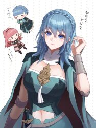 3girls absurdres alternate_color alternate_hairstyle armor blue_armor blue_cape blue_dress blue_eyes blue_hair blush bodice braid breasts bustier cape chibi closed_eyes closed_mouth clothing_cutout comb crown_braid dagger dress earrings female_byleth_(fire_emblem) fire_emblem fire_emblem:_three_houses gloves hair_brush highres hilda_valentine_goneril hilda_valentine_goneril_(timeskip) holding holding_brush holding_comb jewelry knife long_hair looking_at_viewer marianne_von_edmund marianne_von_edmund_(timeskip) medium_breasts medium_hair miran_(olivine_20) multiple_girls navel navel_cutout nintendo pink_hair ponytail short_hair simple_background smile solo_focus weapon white_background