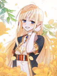 1girl blonde_hair blue_eyes breasts cleavage elf flower highres looking_at_viewer mabinogi pointy_ears portia_(mabinogi) saltyy666 see-through_clothes see-through_sleeves smile
