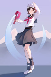 1girl absurdres adapted_costume anchor_symbol black_hair black_shorts black_skirt black_socks black_undershirt bobby_socks green_eyes hat highres holding holding_ladle ladle long_sleeves looking_at_viewer murasa_minamitsu neckerchief red_neckerchief school_uniform serafuku shirt shoes short_hair shorts shorts_under_skirt skirt socks solo thursyue touhou water white_hat white_serafuku white_shirt white_shoes