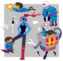 1boy 1girl 1other =_= annoying_dog black_pants black_tank_top blue_jacket blue_shorts blue_skin boots border brown_hair child clinging closed_eyes colored_skin eyepatch fins fish_girl flower flowey_(undertale) frisk_(undertale) full_body grey_background hands_on_own_hips head_fins height_difference hiding hiding_behind_another highres jacket kanianoreki knee_boots lying mettaton multiple_views non-humanoid_robot on_stomach one_eye_covered outside_border pants poking red_boots red_hair robot sans_(undertale) short_hair shorts simple_background slippers standing tank_top undertale undyne white_border