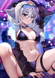 1girl arm_up black_bra black_jacket blue_hair bra breasts choker commentary english_commentary eyewear_on_head fingernails fur-trimmed_jacket fur_trim grey_eyes grey_hair hair_between_eyes hair_ornament hairclip hand_on_own_head highres honkai:_star_rail honkai_(series) jacket long_sleeves looking_at_viewer medium_breasts medium_hair multicolored_hair nail_polish navel parted_lips patreon_username ponytail purple_eyes purple_nails silver_wolf_(honkai:_star_rail) sitting solo spread_legs squchan stomach streaked_hair sunglasses thigh_strap thighs twitter_username underwear