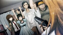 Rule 34 | 2boys, 3girls, adam&#039;s apple, aiming, annoyed, aqua eyes, arm belt, arms up, at gunpoint, beard stubble, belt, beret, black bow, black hair, black shorts, black trim, blue dress, blue eyes, bow, breast pocket, breasts, brown hair, brown jacket, brown pants, chest bow, coat, collar, collarbone, collared shirt, curtains, dress, dutch angle, expressionless, facial hair, fat, fat man, finger on trigger, fingernails, frilled collar, frills, from behind, frown, future gadget lab, game cg, green shirt, gun, hair between eyes, hair over shoulder, handgun, hands up, hashida itaru, hat, highres, holding, holding gun, holding weapon, huke, indoors, jacket, jacket partially removed, kiryuu moeka, lab coat, lapels, large breasts, leather, leather belt, leather suit, long sleeves, makise kurisu, medium breasts, medium hair, messy hair, midriff, multiple boys, multiple girls, necktie, non-web source, notched lapels, official art, okabe rintarou, pants, pink frills, pocket, puffy short sleeves, puffy sleeves, purple eyes, purple trim, red necktie, ringed eyes, shiina mayuri, shirt, shirt partially tucked in, short sleeves, shorts, small breasts, spoilers, square pupils, steins;gate, steins;gate: linear bounded phenogram, stubble, sweat, sweatdrop, t-shirt, tareme, walther, walther ppk, weapon, weapon request, white belt, white coat, white shirt, worried, yellow hat