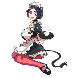 1girl :d animal_ears animal_print apron arm_at_side arm_support bell black_dress black_hair black_shoes black_tail bob_cut borrowed_character breasts choker cleavage cleavage_cutout clothes_writing clothing_cutout collared_dress colored_inner_hair commentary cow_ears cow_horns cow_print cow_tail cowbell cup curled_tail dot_nose dress drinking_glass english_commentary frilled_apron frilled_dress frills from_side full_body fur-tipped_tail go!_go!_gris! gold_trim grin half-closed_eyes hand_up head_tilt highres holding holding_tray horns invisible_floor large_breasts leaning_to_the_side long_eyelashes looking_at_viewer looking_to_the_side maid maid_apron maid_headdress mary_janes milk mole mole_on_breast mole_under_eye multicolored_hair muuko_(go!_go!_gris!) narrowed_eyes neck_bell open_mouth original pantyhose parted_bangs pink_choker pink_eyes pink_hair pink_pantyhose pink_ribbon puffy_short_sleeves puffy_sleeves raised_inner_eyebrows ribbon serving shoes short_hair short_sleeves sidelocks simple_background sitting sketch smile solo tae_indy tail teeth thick_eyebrows thick_eyelashes tray turning_head two-tone_dress two-tone_hair underbust upper_teeth_only waist_apron waist_ribbon white_apron white_background white_dress white_horns wide_hips yokozuwari