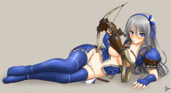 Rule 34 | 1girl, armor, azure (armor), belt, blue eyes, breasts, fingerless gloves, gloves, gun, hair ribbon, holding, holding weapon, long hair, lying, monster hunter (series), on side, open belt, open clothes, open shirt, panties, puffy short sleeves, puffy sleeves, ribbon, short sleeves, silent sakia, skirt, thighhighs, underwear, weapon, white hair